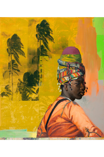 Sheldon Greenberg, A Night In Tunisia, 2023, acrylic and screen print on canvas over panel, 48x41 inches. Courtesy of the artist and Modernism Inc. 