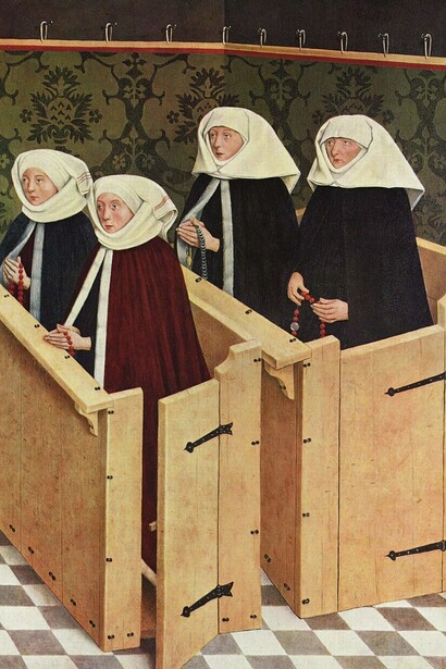 La moglie di Jakob Fuchsart e le sue figlie, altare maggiore di San Giorgio a Nördlingen, Baviera, Germania. Copertina del libro "Storia delle donne. Dal Rinascimento all'età moderna", di Georges Duby e Perrot Michelle, Laterza, 2009