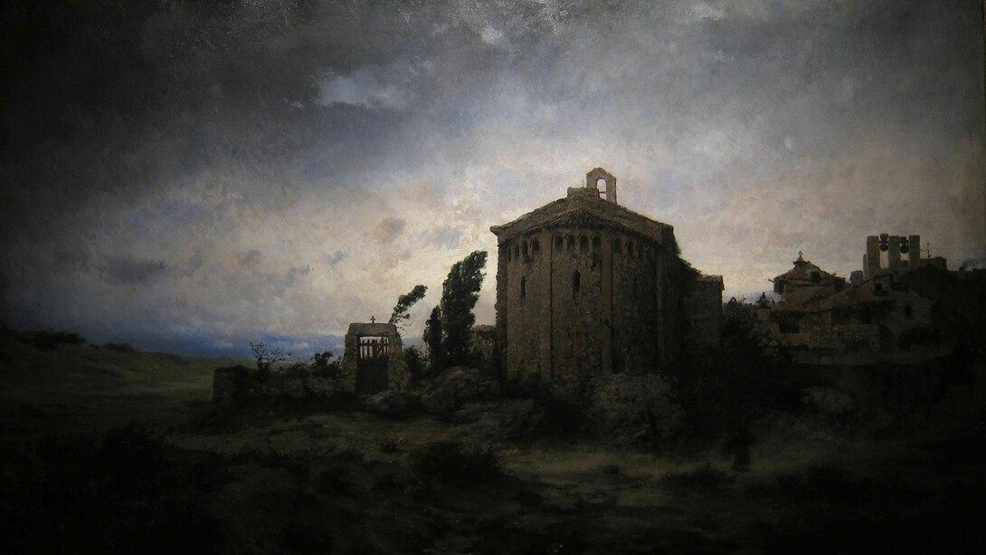 Modest Urgell, (1839-1919), _Cemetery and church_, (Cementerio e iglesia), c. 1880, oil on canvas, 147 x 241 cm. Courtesy of Colnaghi, Artur Ramon Art and Sala Parés