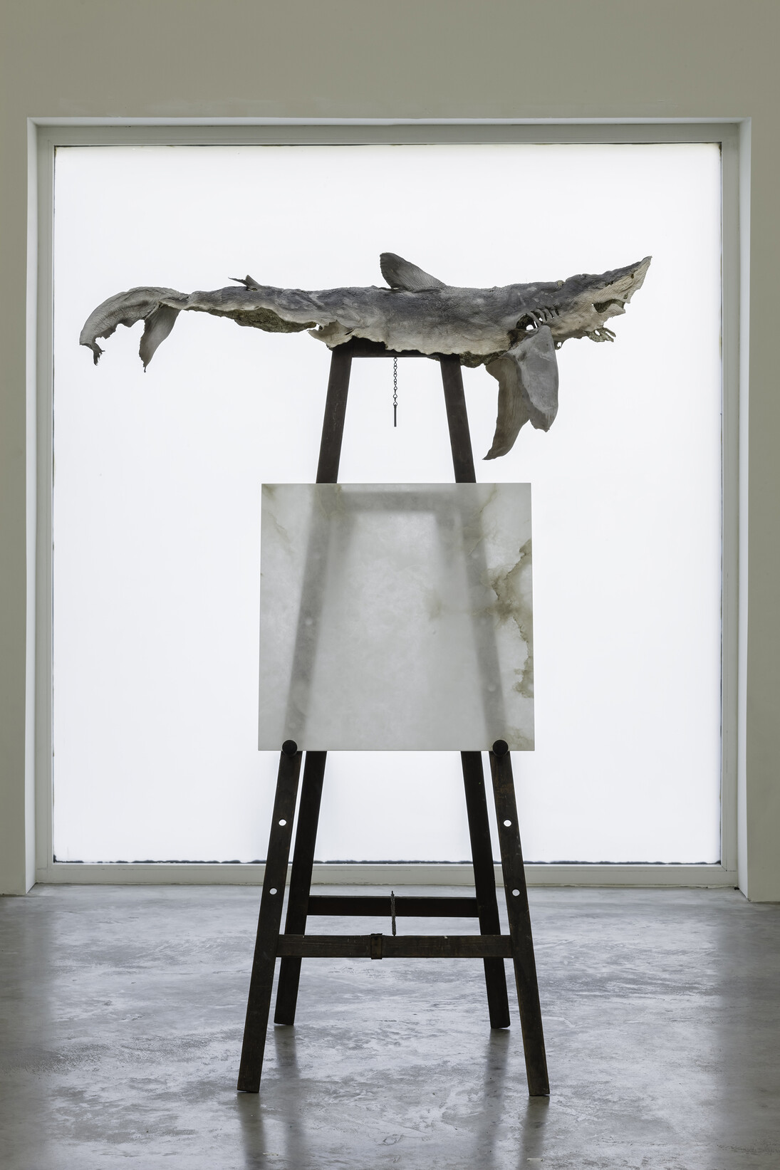 Dorothy Cross, Buoy, 2014, blue shark skin, white gold leaf, antique easel, Italian alabaster, 180 x 130 x 80 cm, 70.9 x 51.2 x 31.5 in, courtesy of the artist and Kerlin Gallery, Dublin