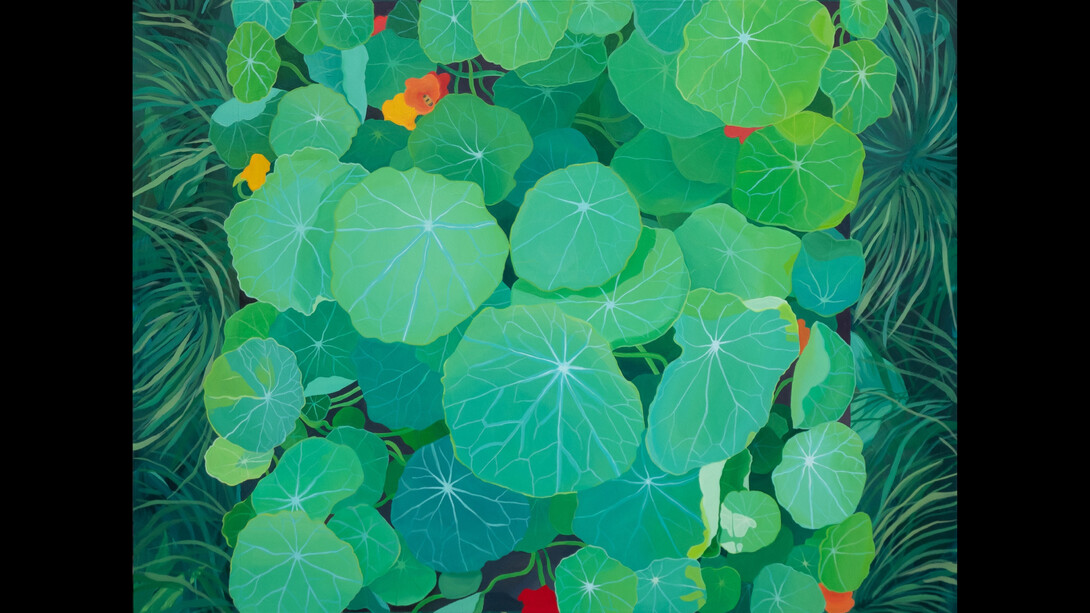 Nola Parker, Late Summer Nasturtium, 2022, acrylic on panel, 30x30 inches. Courtesy of the artist and Wally Workman Gallery