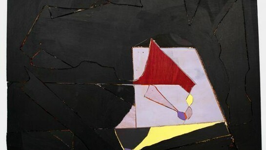 Lisi Raskin, Untitled (black monochrome), acrylic paint, oil paint, paper, archival glue, nails, and wood, 23 1/2 x 30 3/4 inches