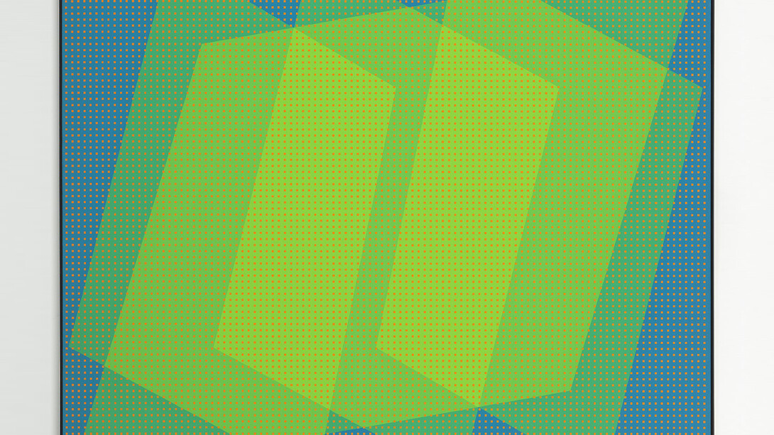 Julian Stanczak, Aloft See Through II, Acrylic on canvas, 50 1/8 by 60 in.  127.3 by 152.4 cm.
