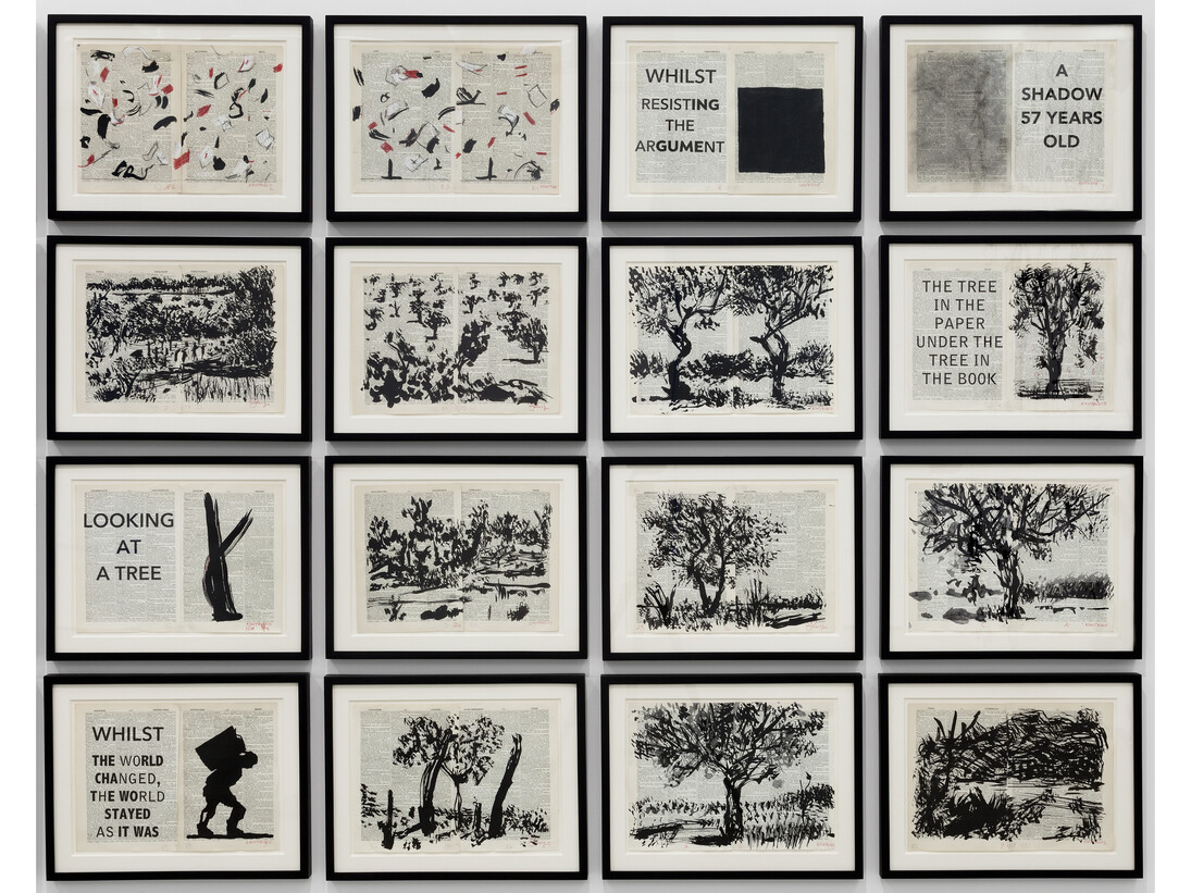 William Kentridge, Untitled, 2014, India ink and red pencil on Shorter Oxford Dictionary, Frame: 14-3/4 x 18-3/4 x 1 in. (each)