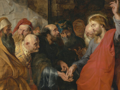 Peter Paul Rubens, The Tribute Money, ca. 1612. Oil on panel, 144.1 x 189.9 cm (56 3/4 x 74 3/4 in). The Fine Arts Museums of San Francisco, museum purchase, M.H. de Young Art Trust Fund, 44.11. Image Courtesy the Fine Arts Museums of San Francisco.