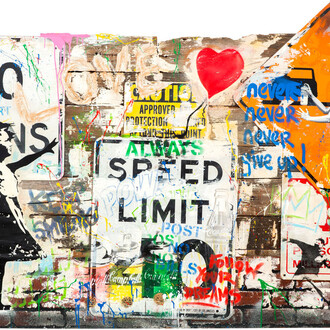 Mr. Brainwash (b. 1966) Pop Wall, 2023, Silkscreen and Mixed Media on Street Sign, Wood, and Brick Panel 54.75 x 90.50 in