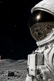 Ricostruzione di un astronauta sulla Luna che indossa una tuta Prada, autore Stefano Cavina