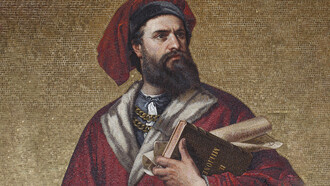 Mosaico de Marco Polo sosteniendo un ejemplar de "Il Milione" (1867), Palacio Tursi, Génova, Italia