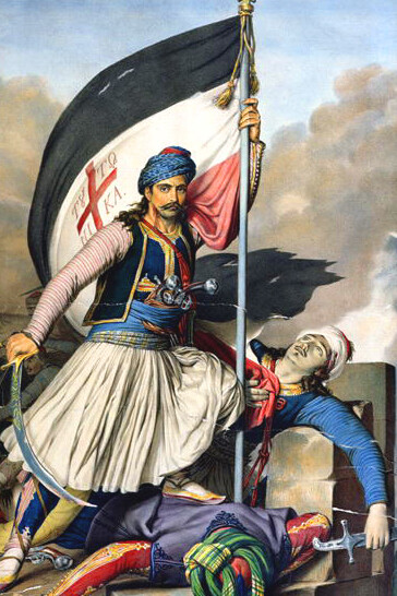 A Greek soldier raising his flag on the walls of Salona, depicted in the scene titled "N. Mitropoulos hoists the flag at Salona," from the early stages of the Greek War of Independence