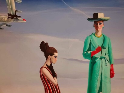 Colin Self (born 1941),Two waiting women and B-52 Nuclear Bomber James Moores Collection. Photo: Kench conservation ©Colin Self. All rights reserved DACS 2025. This image juxtaposes the routine meetings of everyday life and the possibility of imminent death lurking overhead. 1500 x 1000 mm