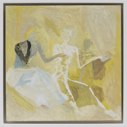 Ellen Siebers, Figure Model (after Delvaux), 2023, oil on panel, 10x10 inches framed. Courtesy the artist and Parrasch Heijnen, Los Angeles