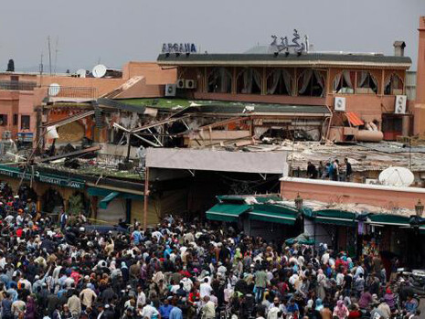 Destroyed buildings in Jemaa el-Fnaa Square, Marrakech, after the terrorist attack on 28 April 2011 