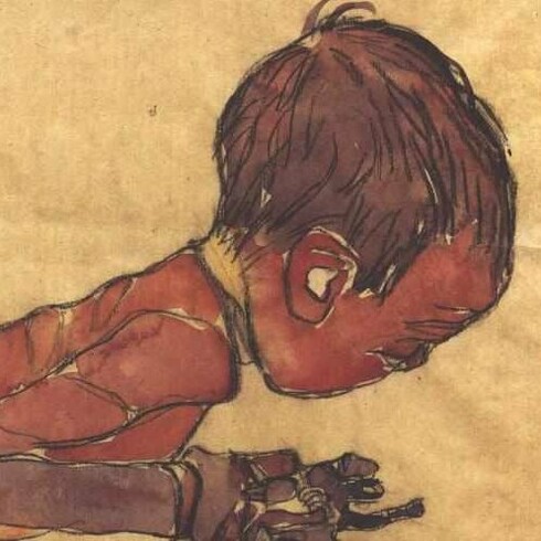 Egon Schiele, "Bebé con las rodillas flexionadas", dibujo, 1910