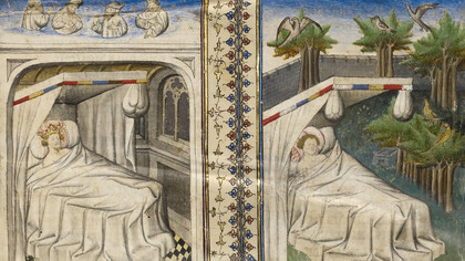 Escipión acostado en la cama soñando; Guillaume de Lorris acostado en la cama soñando, circa 1405