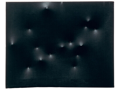 Enrico Castellani, Superficie nera, 1959, Tempera on canvas, 15 3/4 x 19 11/16 inches (40 x 50 cm), Collection of the artist. © 2014 Artists Rights Society (ARS), New York /SIAE, Rome. Photo Credit: Courtesy Archivio Castellani, Milan.
