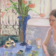 Tracy Burtz, The Reader, 50x53in, oil on linen (detail). Courtesy of Thomas Deans fine art