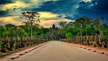 Tonle Om Gate (South Gate), located in Krong Siem Reap, Cambodia, is a significant historical landmark with intricate carvings and architectural beauty