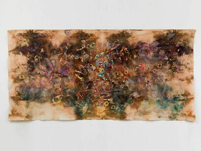 Ann Shostrom, “Cascade” 2014 56” x 120”, cotton, dyes, wax, thread