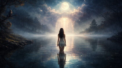 Standing at the threshold between water and sky, she faces the quiet language of the unconscious—where reflection becomes revelation and the path inward begins