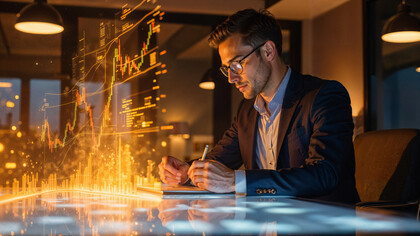 A financial analyst studying real-time market intelligence, representing the growing role of AI-driven decision-making in fintech