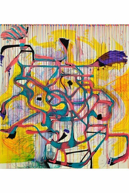Joanne Greenbaum, "Untitled", 2014, oil, oil crayon, acrylic and ink on canvas, 90 x 80 in., 228.6 x 203.2 cm