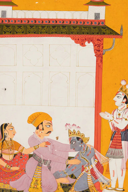 Krishna and Balarama touching the feet of Vasudeva and Devaki, from the “Vertical” Bhagavata Purana (detail), c. 1700–1725. Courtesy of Cleveland Museum of Art