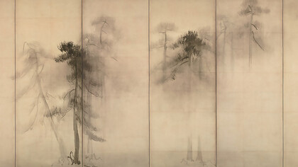 Hasegawa Tōhaku’s Pine Trees (Shōrin-zu byōbu), left-hand screen, a celebrated Japanese ink painting from the late 16th century