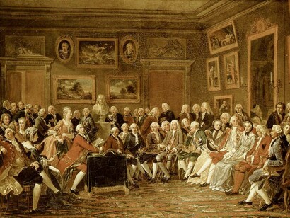 Pintura de Charles Gabriel Lemonnier que representa la lectura de una tragedia de Voltaire, por entonces en el exilio, El huérfano de China (1755), en el salón literario de madame Geoffrin 