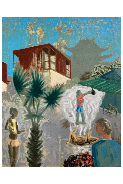 Nils Benson, Boxing At Freddie's, 2022, oil on canvas, 20x16 inches. Courtesy of The Lodge, LA