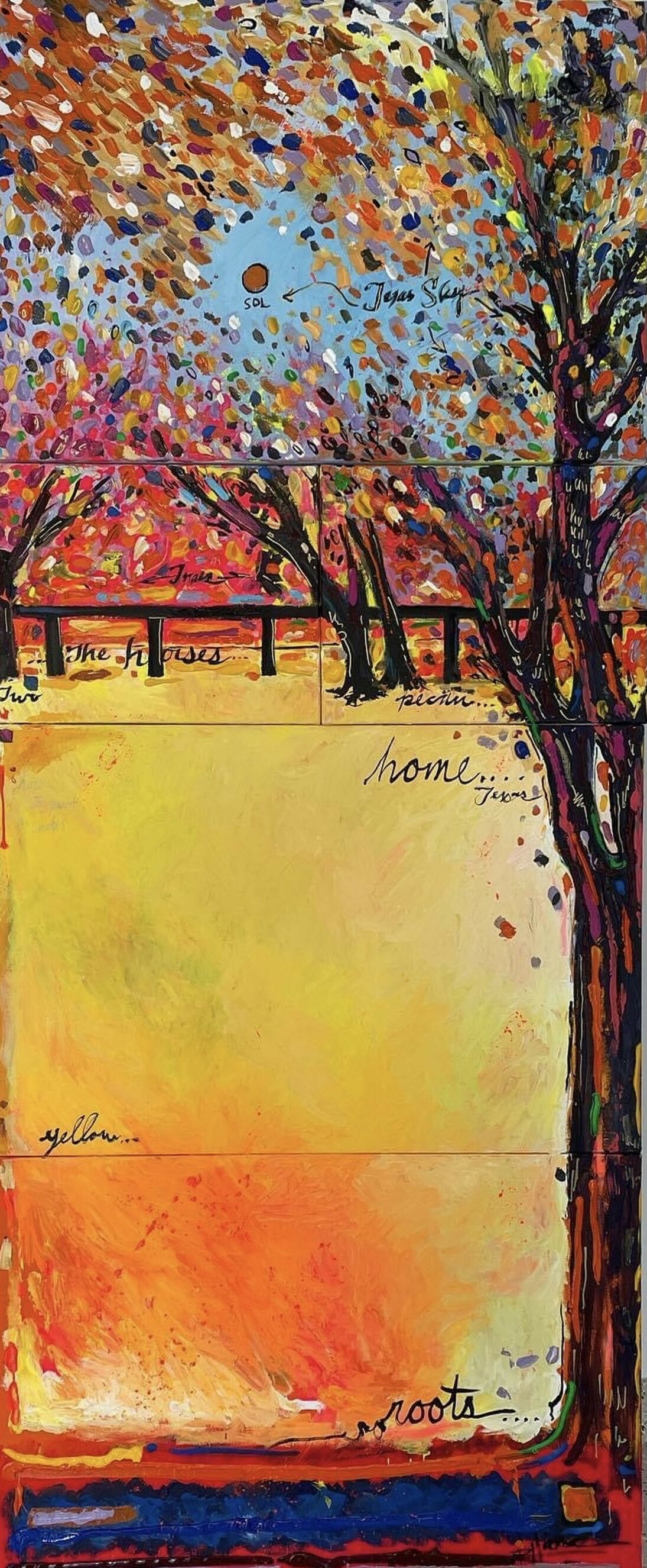 Rex Hausmann, In search of the color yellow: home, mixed media on multi-panel canvases, 87x36x3 in