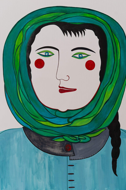 Rekha Rodwittiya, Girl with a green head scarf and a red button on her coat (detail), 2026. Courtesy of Sakshi Gallery