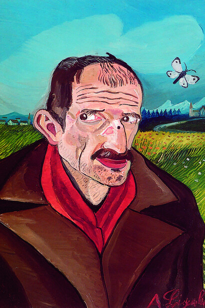Autoritratto con farfalla, s.d. (1956-1957), olio su tavola di faesite, 70 x 50 cm. Collezione privata