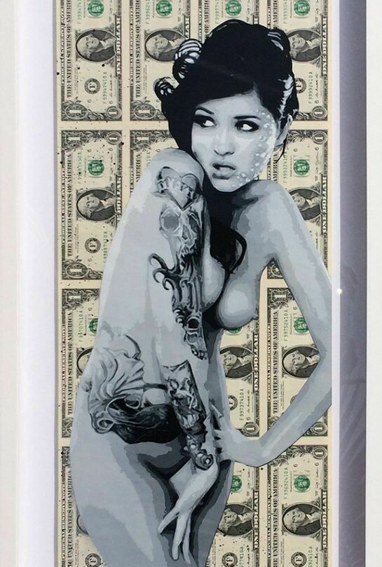 Penny, Thumbelina, 9 layer hand-cut stencils, Spray paint on 16 genuine uncut $1 dollar bills, signed and numbered, 21 x 12,3 inches, edition of 5, 2011
