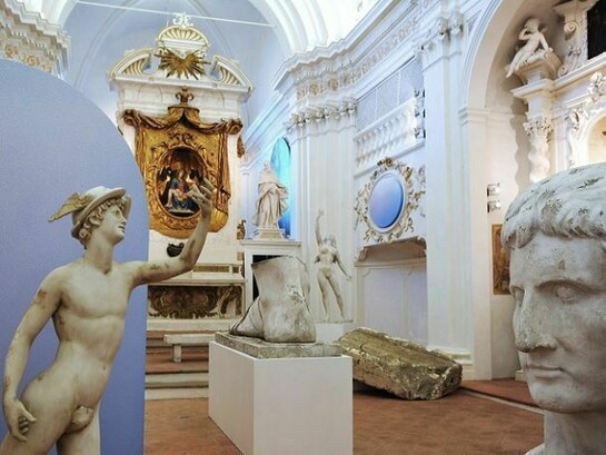 Alex Israel, Installation view of the 2012 solo exhibition at Museo Civico Diocesano di Santa Maria dei Servi, Città della Pieve. Photo: Ornella Tiberi