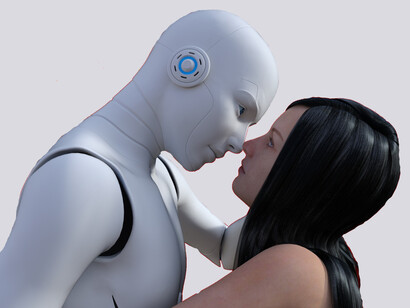 AI becoming more human, with a robot looking to a woman with love about to kiss her