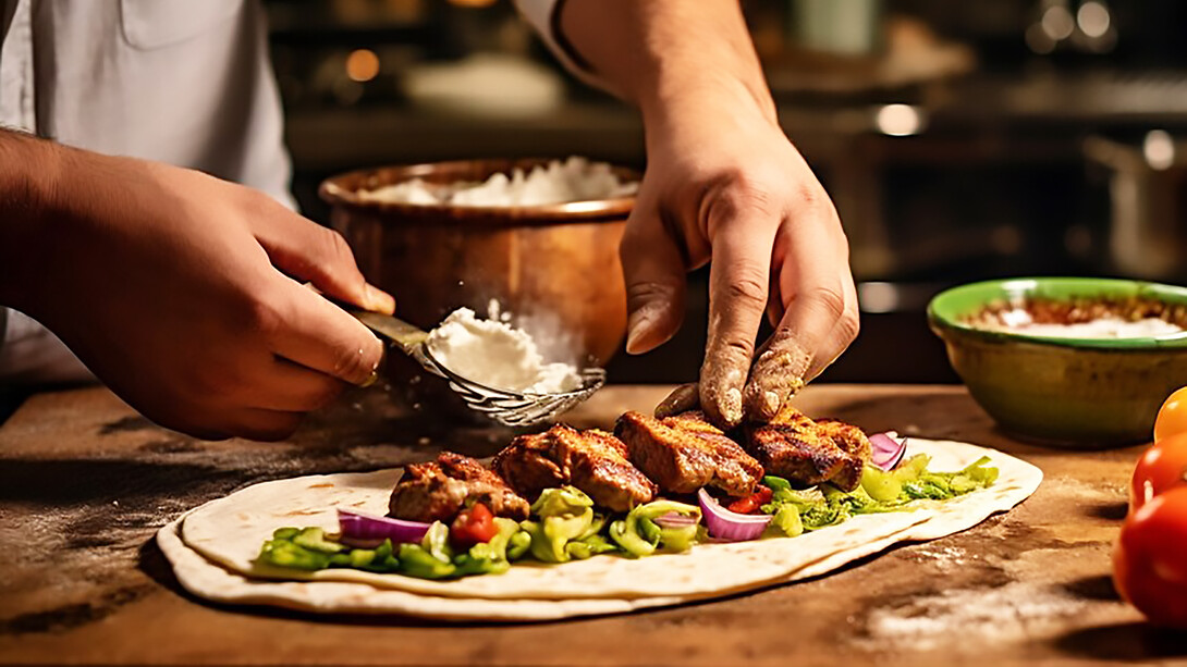 A chef preparing a wrap with vegatables and meat