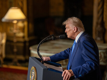 President Donald Trump takes questions after signing Executive Orders at Mar-a-Lago in Palm Beach, Florida, on February 18, 2025