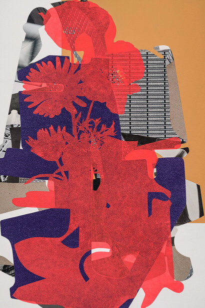 Aaron Wexler, Travelers 3, 2021,
Paint, pigment stained washi paper, print material, mixed media on paper,
20 x 16 inches