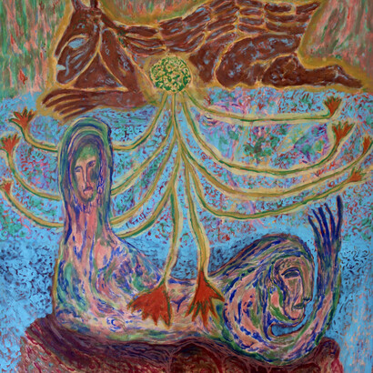 Cecilia Fiona, At World's End, 2021. Rabbit-skin glue and pigments on canvas. 120 x 100 cm. Unique