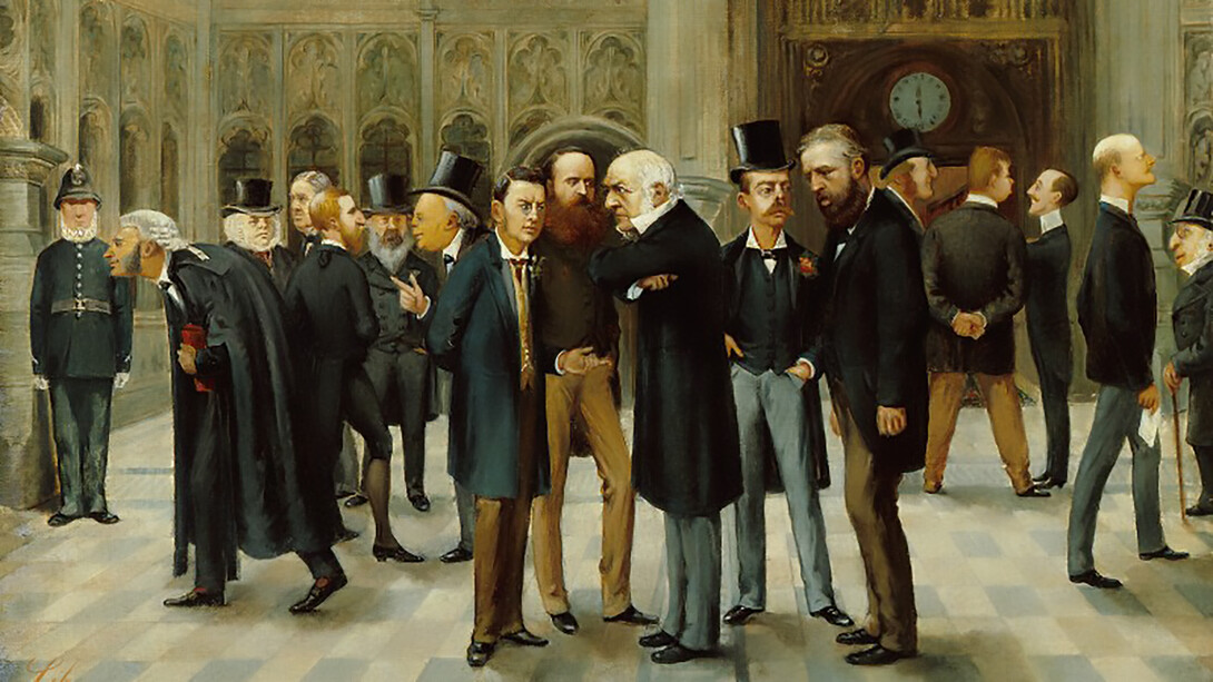 The lobby of the House of Commons. Oil on canvas, published in Vanity Fair Christmas Supplement 1886