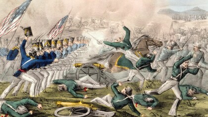 Litografía de la Batalla de Churubusco, realizada para ilustrar la invasión estadounidense de México. John Cameron, 1847