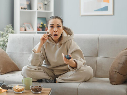 A woman lounging on a couch in casual attire, savoring a cookie, remote in hand, as she watches a K-drama on her TV