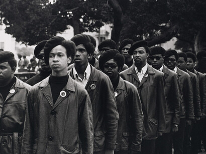 Stephen Shames, Panthers line up at afFree huey rally in DeFremery Park, Oakland (detail), 1968. Courtesy of Tang Museum 
