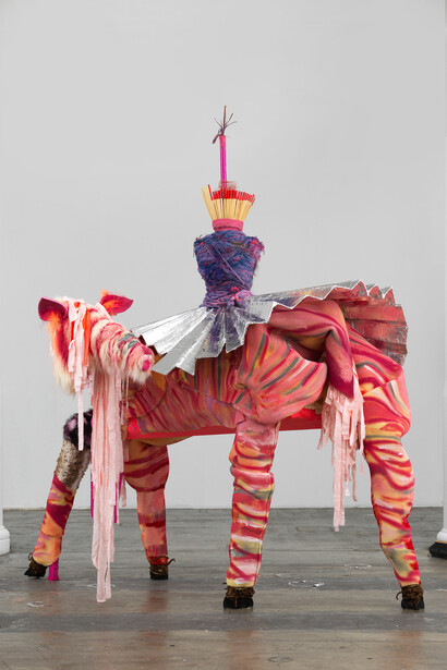 Tamar Ettun "Pink Horse With Warrior With Silver Skirt". Image courtesy of the artist and Fridman Gallery, New York