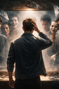 A fractured reflection of self—where identity splits, masks multiply, and the pressure to become someone new never fully lets the old disappear