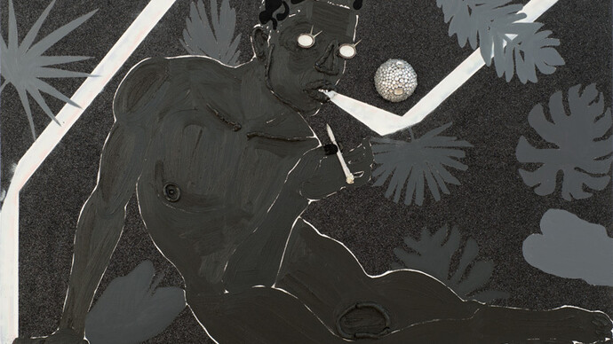 Devan Shimoyama, Adjusting to the Luminous Black, 2015
Oil, glitter, rhinestones, beads, collage on canvas
68 x 48 x 2.25in