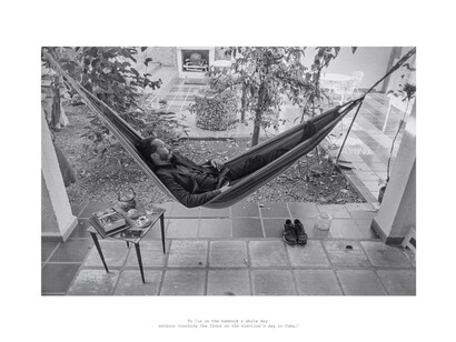 Reynier Leyva Novo, Blank Check, About how to empty the mind (To lie on the hammock a whole day without touching the floor on the election's day in Cuba), 2020-2023, 35 mm film photograph, archival print on Hahnemuhle photo rag Baryta paper, 18x22 inches unframed. Edition of 3. Courtesy of the artist and Lisa Sette Gallery