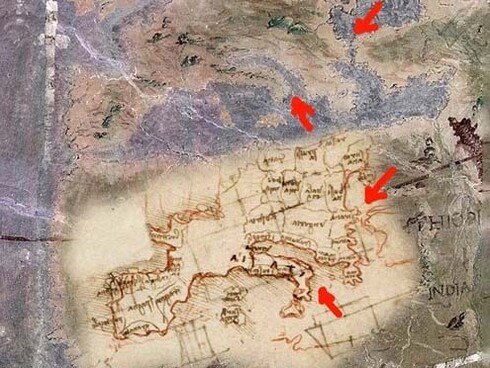 Sovrapposizione tra un disegno di Leonardo dell'area mediterranea e la corrispondente sezione del Planisfero di Teglio