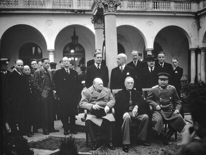 The "Big Three" – U.S. President Franklin D. Roosevelt, British Prime Minister Winston Churchill, and Soviet Premier Joseph Stalin – at the Yalta Conference, held in February 1945