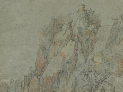 Roelandt Savery, Mountainous Landscape with Castles and Waterfalls, c. 1606, chalk with traces of white heightening on gray-green paper, National Gallery of Art, Washington, Woodner Collection, Gift of Dian Woodner, 2011. Courtesy of National Gallery of Art